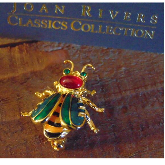 Joan Rivers RUSSIAN Honey BEE PIN BROOCH Enamel Yellow Black Gold Red Cabochon - Picture 4 of 5